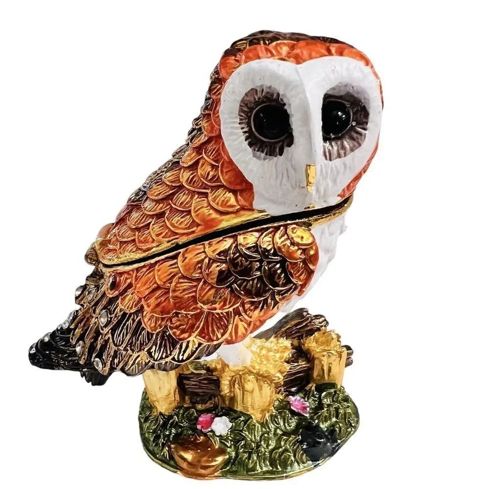 Jeweled Keepsake Enamel Wise Owl Hinged Trinket Box Floral Metalic Colorful